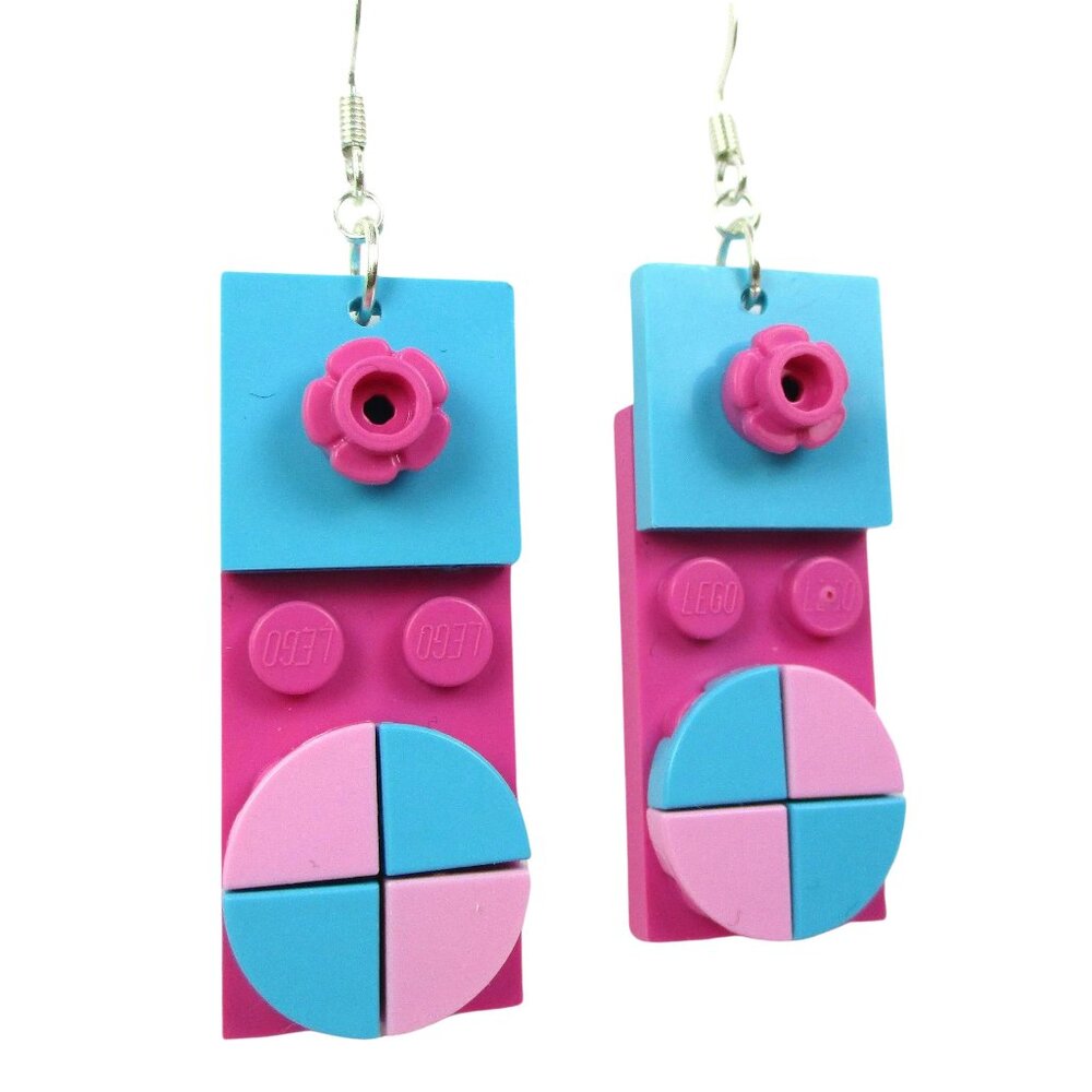 Pink and Turquoise Lego Brick Designer Rose Earrings, 2.25" Drop, Nick